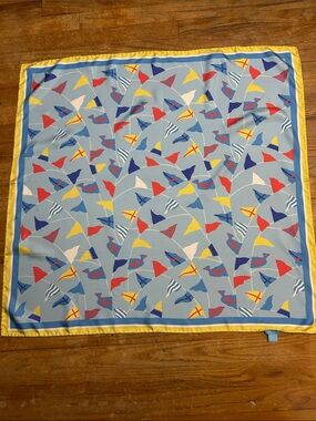 J. McLaughlin Light Blue Nautical Flag Print Scarf with Yellow Trim 100% Silk